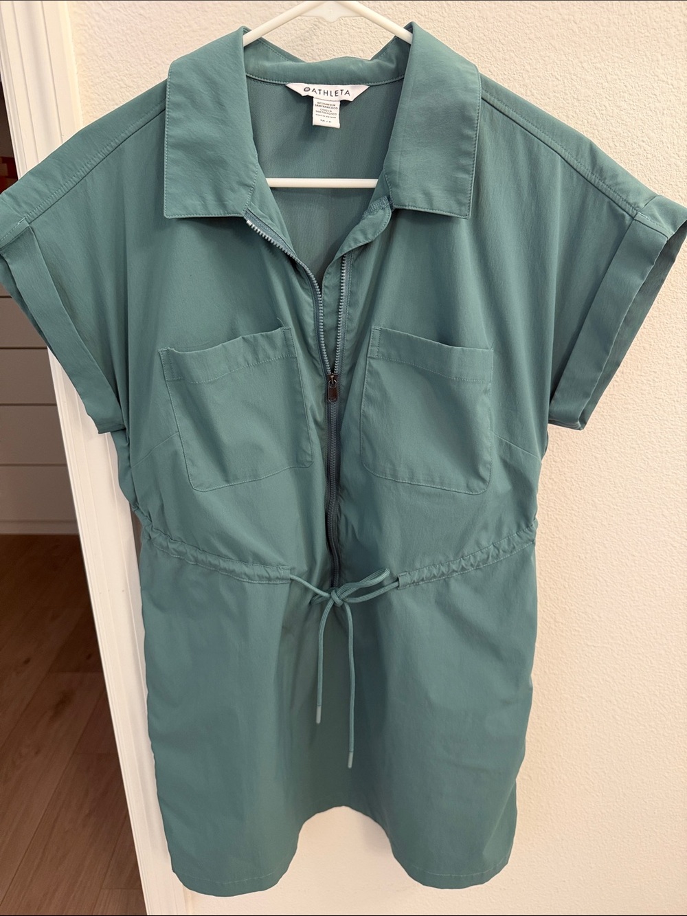 Athleta Teal Zip-Front Drawstring Shirt Dress Small